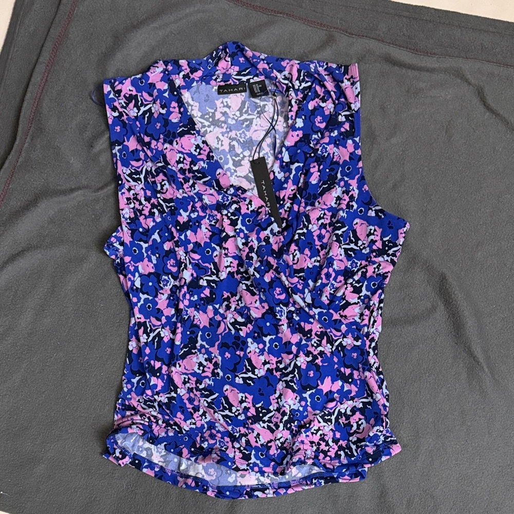 Tahari Blue and Pink Floral Blouse